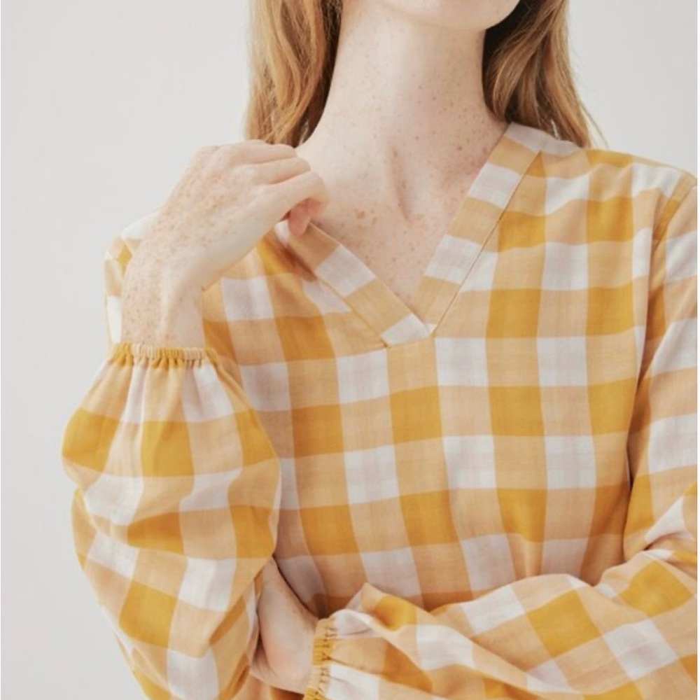 NWOT Pact Coastal Daily Organic Cotton Gingham Double Gauze V-Neck Top Yellow M - Picture 4 of 16